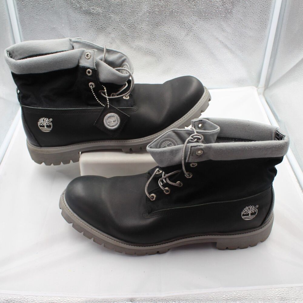 Timberland Roll Top Boots Men 15 M Black Gray Leather Premium Fold Down